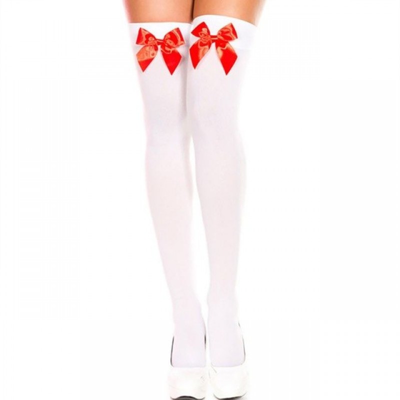 Sexy Stockings White / Red Bow Stretch Thigh High Over The Knee (XLIR-17)